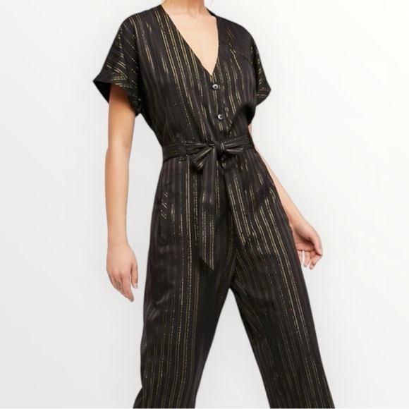 Free People Pants - Free People Black Lurex Gold Pinstripe Jumpsuit